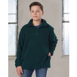 A dark green polar fleece pullover for kids, featuring a quarter zip and a front pocket.