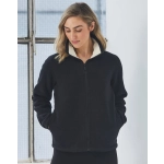 A ladies polar fleece jacket in black with a white fleece-lined collar, featuring a zip front and side pockets.