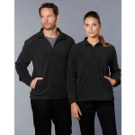 A grey half zip polar fleece pullover on two models, one male and one female, both with pockets and standing side by side.