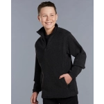 A kid's half zip polar fleece pullover in dark grey, featuring a collared neck and a pocket.