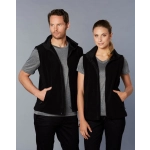 A black polar fleece vest for adults, featuring a zip-up front and side pockets, shown on a man and a woman.