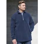 A men&rsquo;s heavyweight fleece jumper in navy blue, featuring a zip-up collar and a relaxed fit.