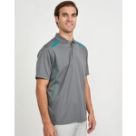 A Men's sustainable poly/cotton contrast short-sleeve polo shirt in grey with teal accents and a logo.