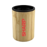 A bamboo pencil sharpener with a black interior and a logo on the exterior.