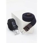 A unisex casual belt set featuring a black woven belt and a dark blue woven belt with silver buckles.