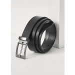 A black leather belt with a silver buckle, positioned against a neutral background.