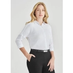 A white 3/4 sleeve blouse is displayed, featuring a collared neckline and button front, paired with black pants.