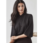 A black 3/4 sleeve blouse with a collar and button-up front, featuring a subtle branding logo.