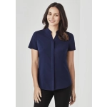 A navy short sleeve blouse with a stand collar, featuring a simple and elegant design.