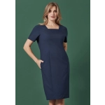 A women's short sleeve dress in navy blue with a square neckline and pockets, featuring a fitted silhouette.