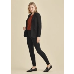 A model wearing black high-rise pull-on corporate leggings with a fitted blazer and a rust top, styled with loafers.