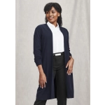 A navy longline cardigan with a clean, open front and long sleeves, paired with a white shirt and black pants.