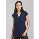 A navy blue women's blouse with short sleeves and a button-up front, featuring a collar and a relaxed fit.