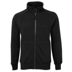 A black full zip fleece jumper with a high collar and two front pockets, featuring a logo.