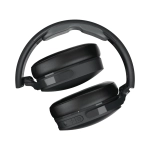 A pair of black wireless headphones with a sleek design and adjustable headband, featuring a logo on the side.