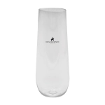 A clear, stemless shatterproof champagne glass featuring a logo, suitable for drinkware.