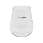 A stemless, shatterproof wine glass in clear plastic, featuring a logo.
