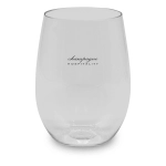 A stemless, shatterproof red wine glass in clear plastic with a logo. Suitable for outdoor use.