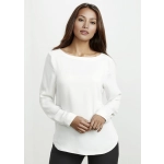 A women's white Madison boatneck top with long sleeves, featuring a smooth fabric and a subtle logo.
