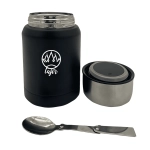 A drink bottle in matte black with a stainless steel inner and a spoon, featuring a logo on its exterior.