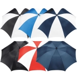 A range of golf umbrellas in black, white, blue, red, and navy, featuring a central logo on each.