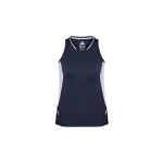 A navy blue women's singlet featuring light grey side panels and a logo on the front.