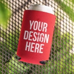 A drink bottle nestled in a red foam stubby cooler with a logo, featuring drops of water on its surface.