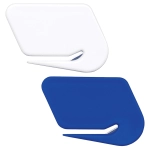 A set of two letter openers in white and blue, featuring a sleek design with a metallic cutting edge.