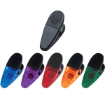A set of magnetic memo holders in black, purple, blue, green, orange, and red colours. Each clip features a branding logo.