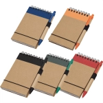 A set of recycled notepads in brown, featuring coloured bands and matching pens, displayed in various colours.
