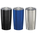 A drink bottle featuring a set of three Rocky 590ml vacuum tumblers in black, blue, and silver, each with a lid.