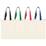 Natural cotton grocery totes in cream, featuring handles in black, green, red, and blue. Includes a logo.
