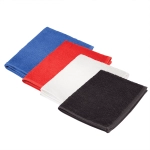 A set of four gym towels in blue, red, white, and black with a logo.