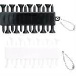 A set of golf ball markers in black and white, each with a chain for convenience. The product includes multiple markers.