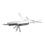 A stainless steel multi-tool with multiple functions, including blades, scissors, and a corkscrew. It features a small logo.