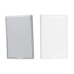 A silver and white stand-up pocket mirror duo, featuring a sleek, rectangular design and a logo on one side.