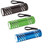 A trio of Astro Flashlights in black, green, and blue, each with a textured design and attached wrist strap.