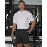 Adults' bamboo charcoal sports shorts in black, featuring an elastic waistband and side pockets. Model wearing a white shirt.