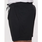 Black bamboo charcoal sports shorts featuring an elastic waistband and side pockets. Includes a logo on the fabric.