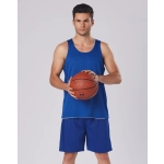A model in blue basketball shorts and a matching tank top holds a basketball. The outfit has a logo present.