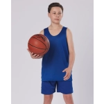 A child wearing blue basketball shorts and a matching tank top, holding a basketball. The outfit features a logo.