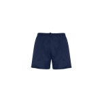 Navy sports shorts featuring an elastic waistband and drawstring, suitable for kids. Contains a logo.
