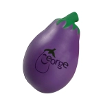 A purple stress eggplant with a green stem and a logo on the side.