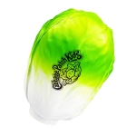 A soft, green and white cabbage-shaped stress toy with a logo design.