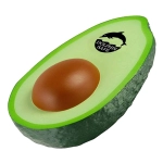 A stress avocado in green and brown, featuring a logo, resembling a halved avocado.