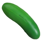 A green stress-relief cucumber with a smooth texture and an embossed logo.