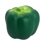 A green stress ball shaped like a bell pepper, featuring a glossy finish and a rounded top.
