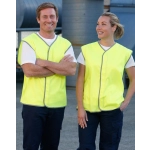 A hi-vis safety vest in bright yellow, worn by two smiling individuals. The vests feature a grey trim and have a logo.