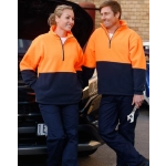 Hi-Vis polar fleece half zip pullover in bright orange and navy, featuring a logo, worn by two people by a vehicle.