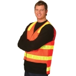 A high-visibility orange safety vest with reflective yellow stripes, worn by a smiling man.